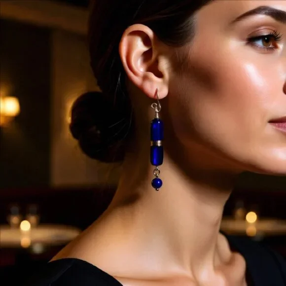 Deep Blue Slim Dangle Earrings - Sleek Trendy Versatile - Day or Night Wear - Picture 3 of 10